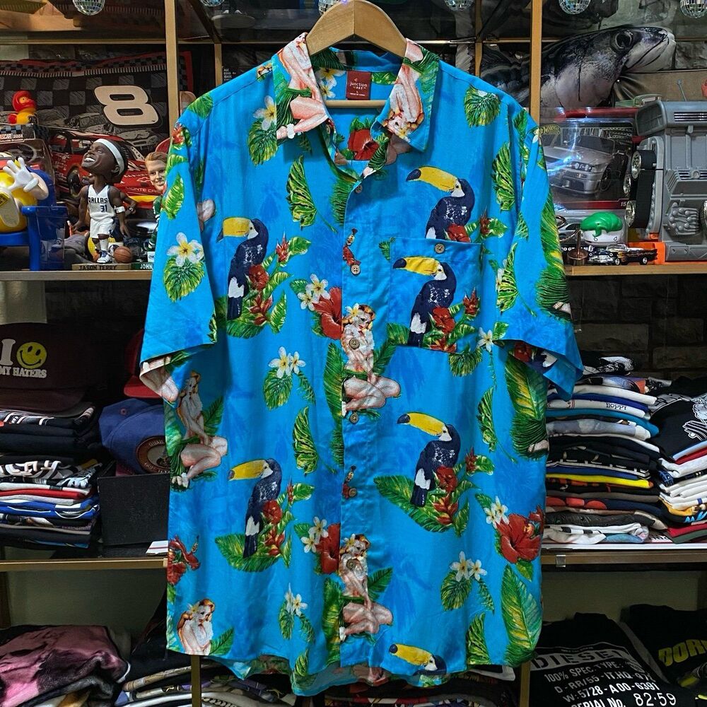 Junction West Hula Girl Pin Up Toucan Hawaiian Shirt All Over Print Large Blue